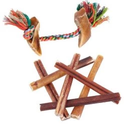 Bones & Chews Made in USA Cotton Rope with Hooves Toy + Bully Stick 6" Dog Treats