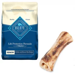 Blue Buffalo||Bones & Chews Blue Buffalo Life Protection Formula Senior Chicken & Brown Rice Recipe Dry Food + Bones & Chews Made in USA Roasted Marrow Bone 6" Dog Treat